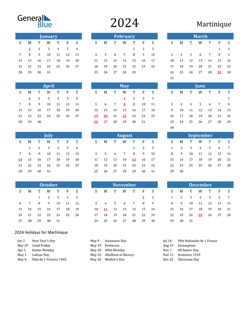 2024 Martinique Calendar With Holidays