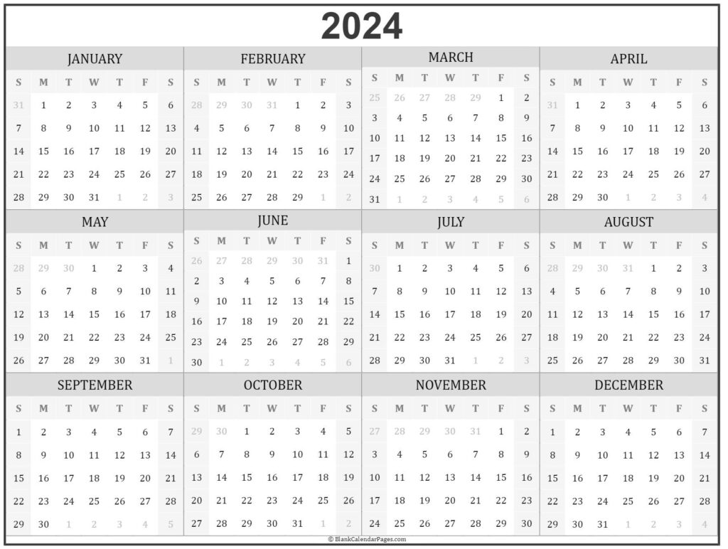 2024 Year Calendar Yearly Printable