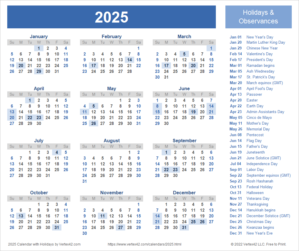 2025 Yearly Calendar With Holidays Printable - Calendars 2025