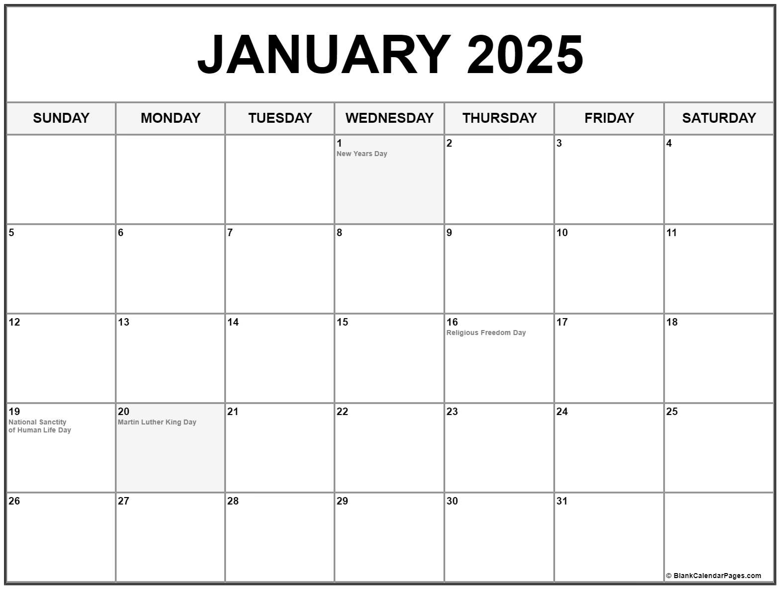 Jan 2025 Calendar With Holidays Printable Calendars 2025