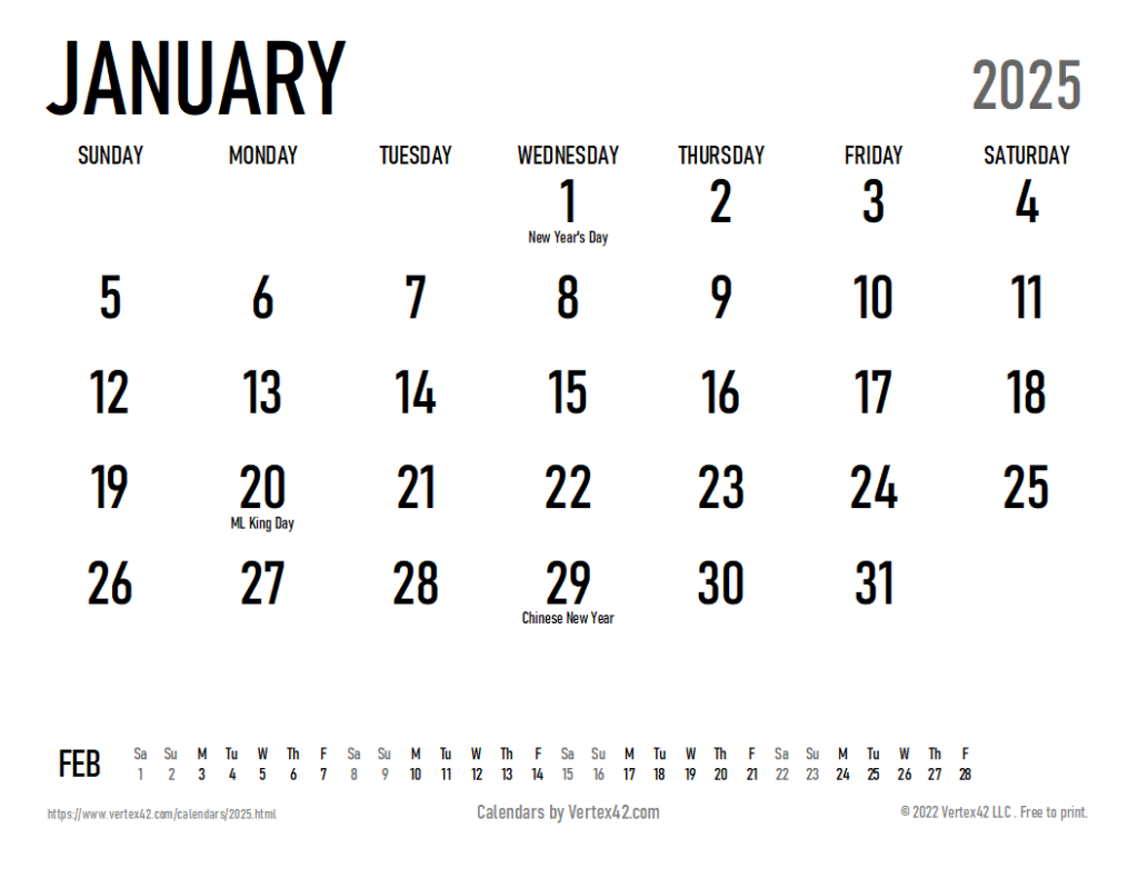 2025 Monthly Calendar Printable Free