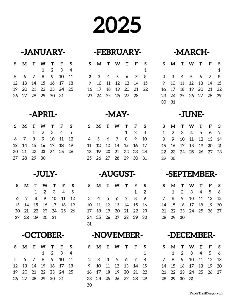 2025 Printable Calendar One Page Paper Trail Design