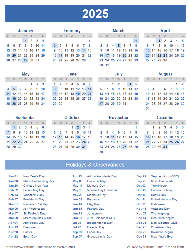 2025 Printable Yearly Calendar With Holidays Farah Jenelle