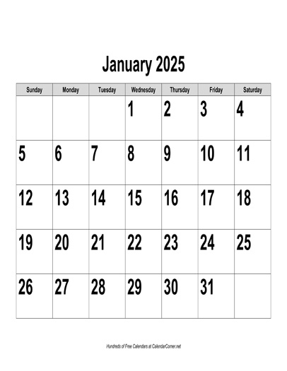 Free 2025 Large Number Calendar Landscape