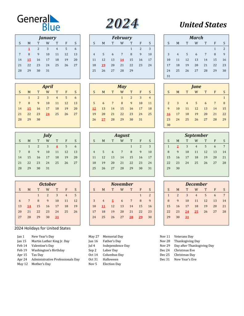 Free Printable 2024 Calendar With Holidays And Observances 2024 