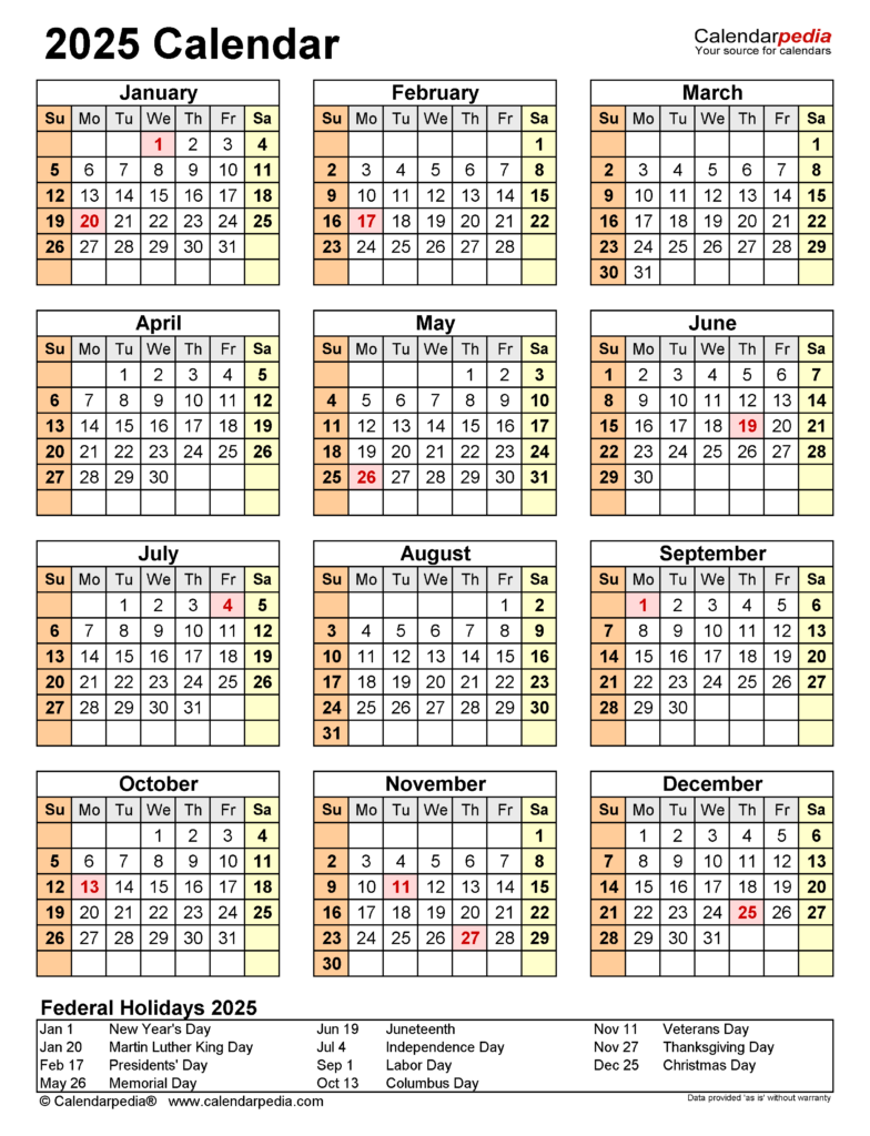 Free Printable 2025 Calendar With Holidays Printable Word - Calendars 2025