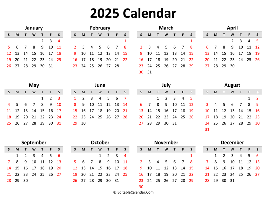 Free Printable Yearly Calendar 2025