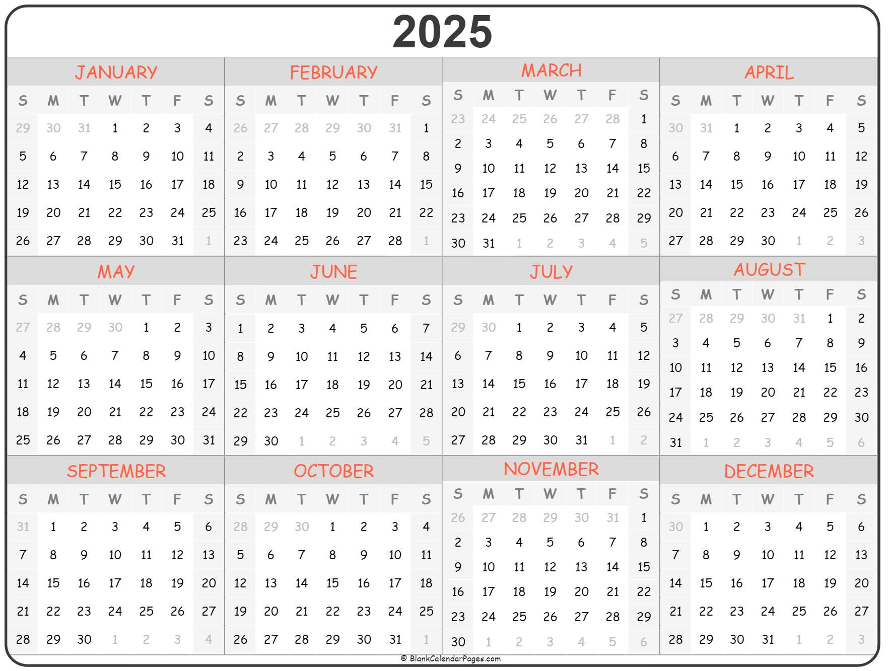 2025 Year Calendar Printable Calendars 2025