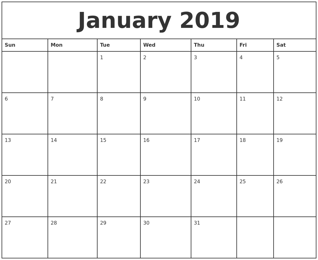 January 2019 Printable Monthly Calendar