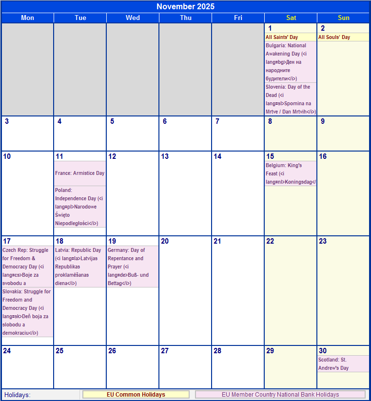 November 2025 EU Calendar With Holidays For Printing image Format 