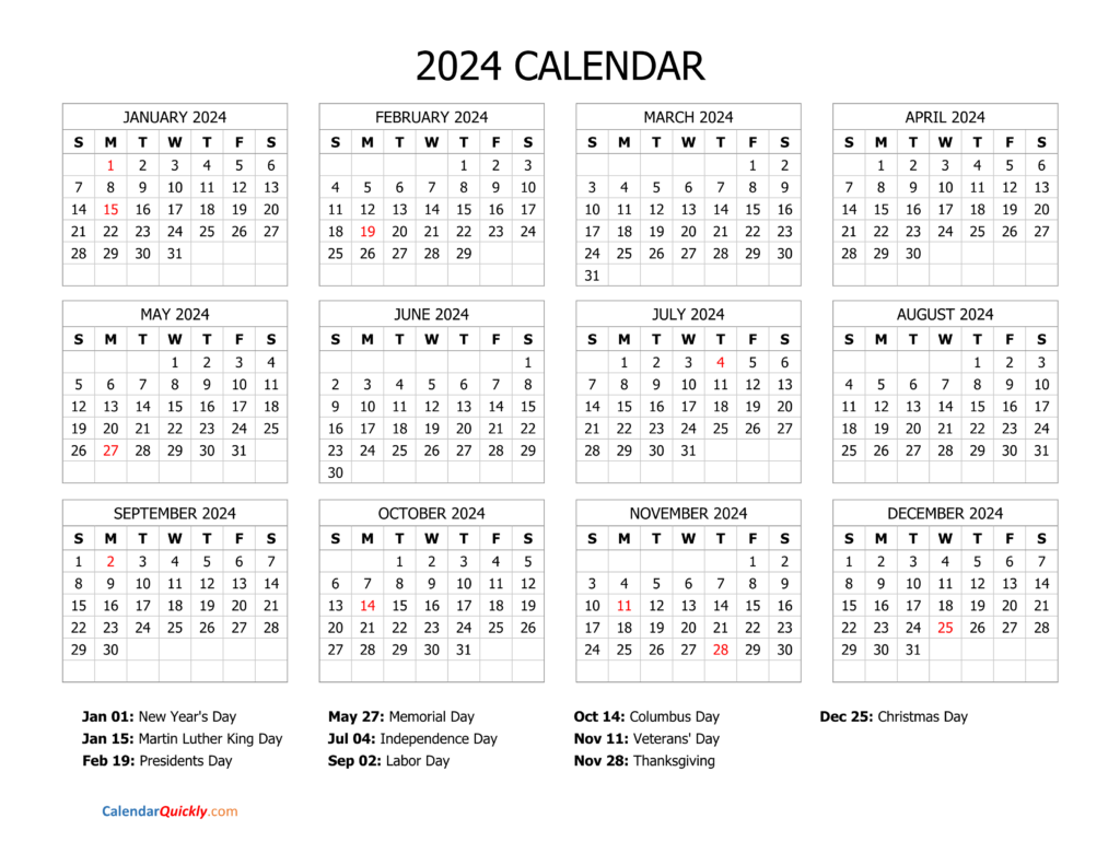 Printable Calendar 2024 With Holidays