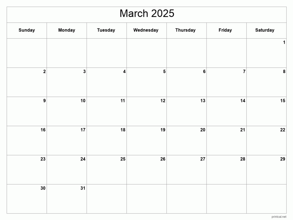 Printable March 2025 Calendar Classic Blank Sheet