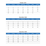 Q4 2025 Quarterly Calendar PDF Word Excel