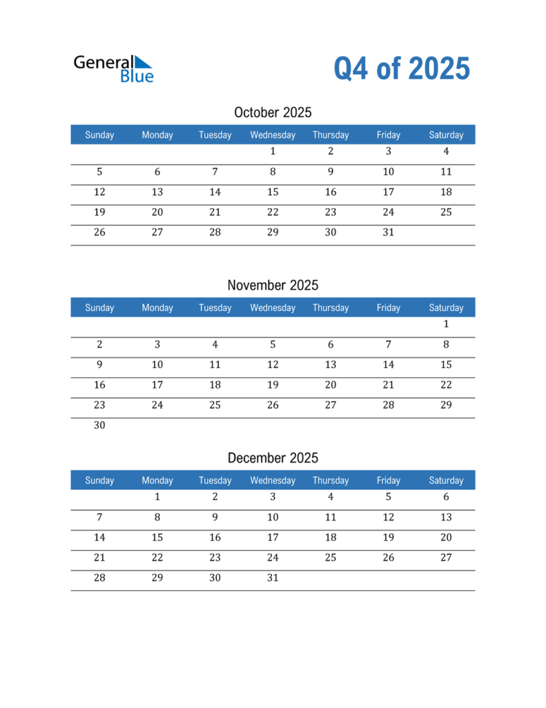 Q4 2025 Quarterly Calendar PDF Word Excel 