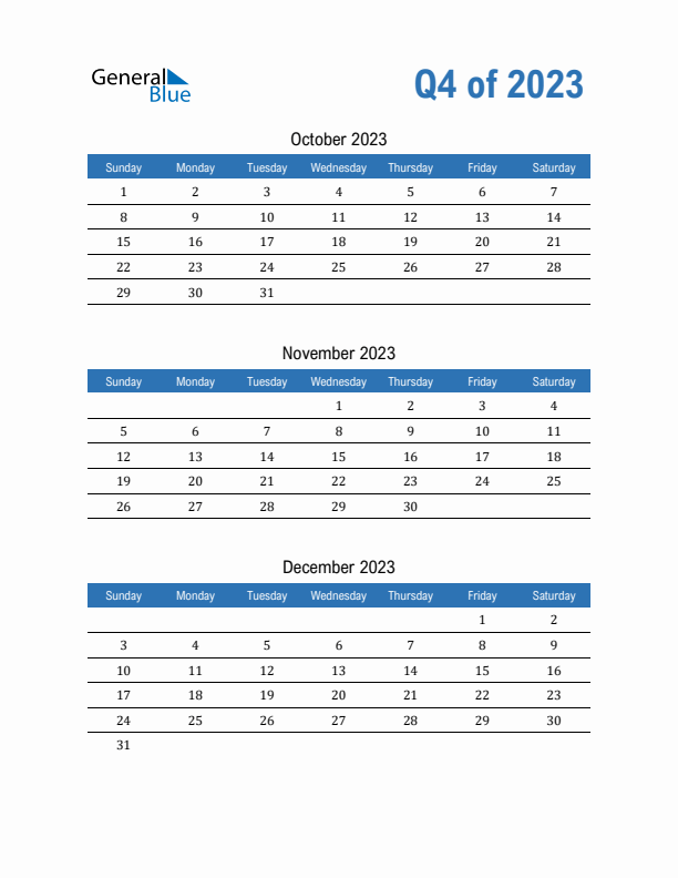 Q4 Quarterly Calendar 2023 In PDF Word Excel