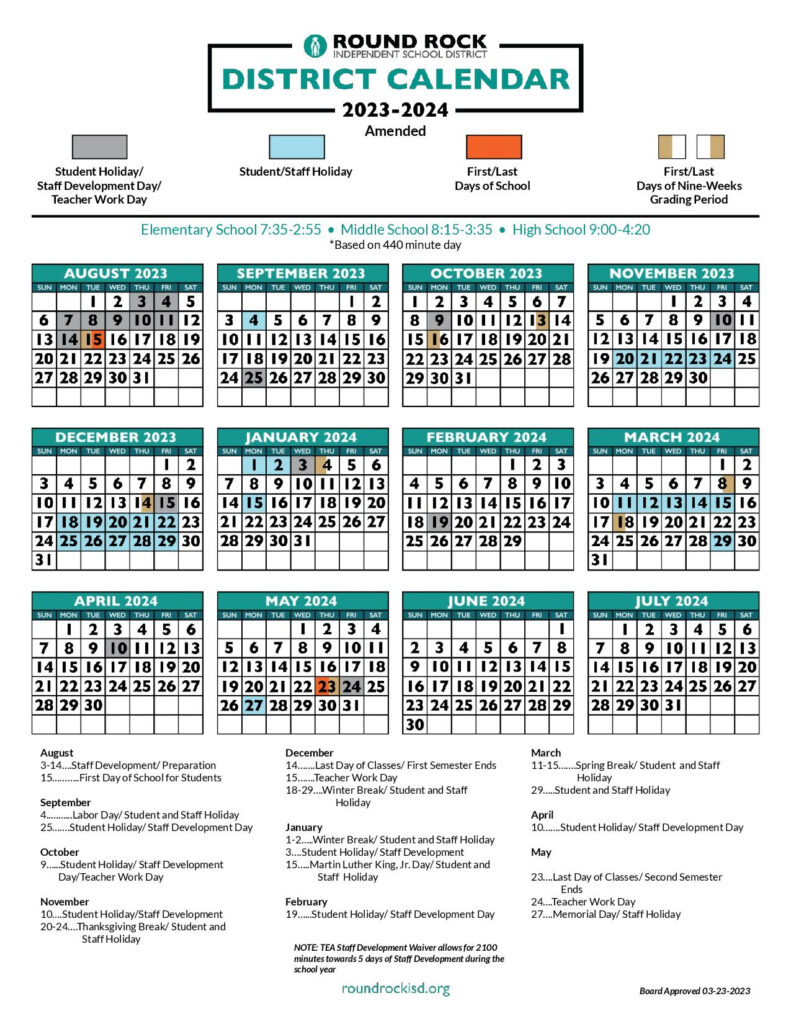 RRISD School Calendar 2024 2025 Round Rock ISD