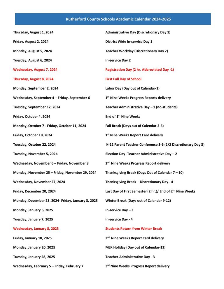 Rutherford County Schools Calendar 2024 2025 Holidays