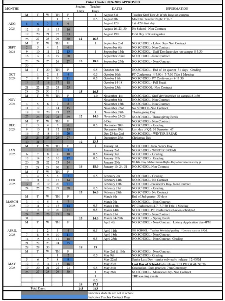 2024 2025 Academic Calendar Vision Charter School