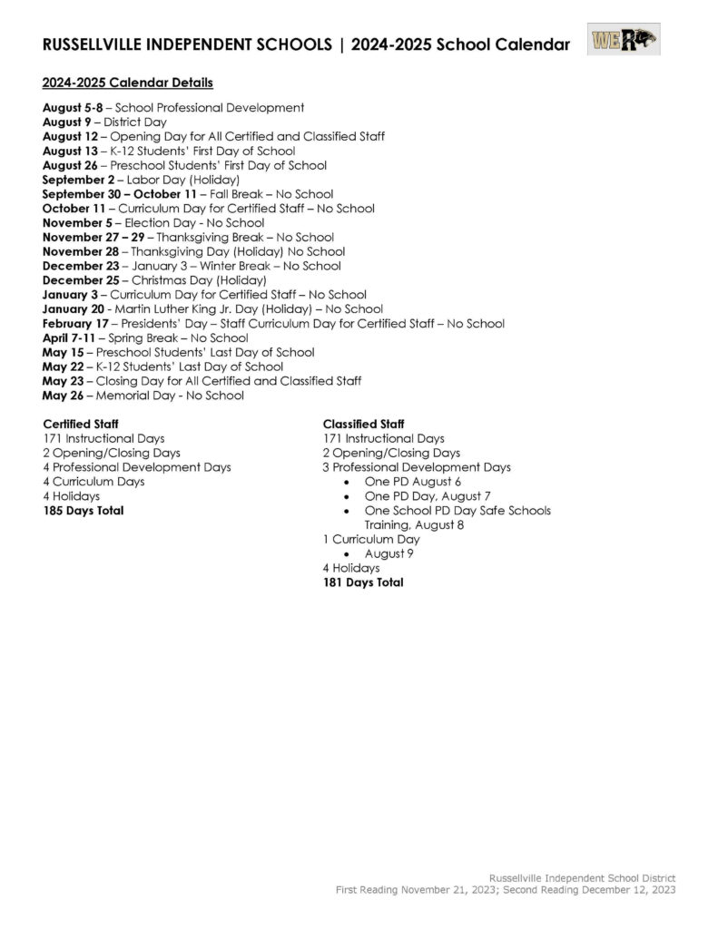 2024 2025 School Calendar District Information Russellville 