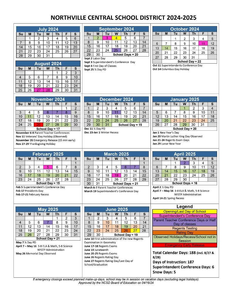 2024 25 District Calendar Northville Central School District