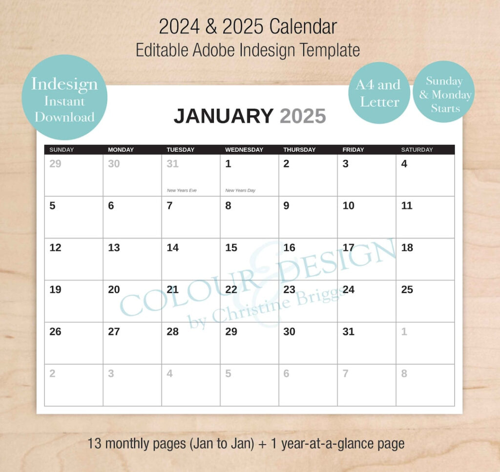 2025 Editable Indesign Calendar Template Adobe 13 Month 2025 Calendar 