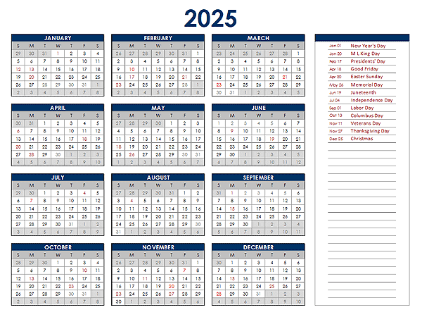 2025 Excel Yearly Calendar Free Printable Templates