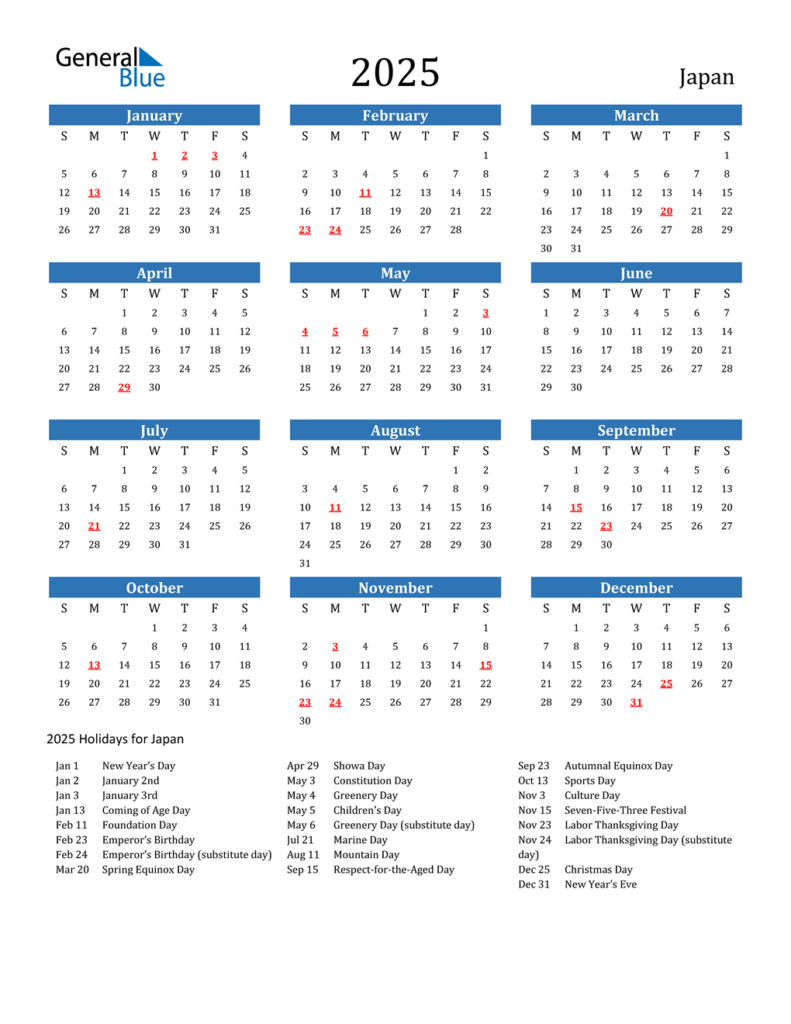 2025 Japan Calendar With Holidays