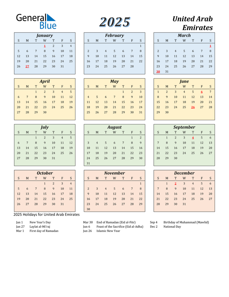 2025 United Arab Emirates Calendar With Holidays