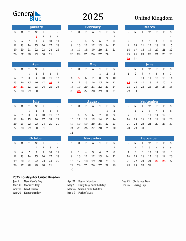 2025 United Kingdom Calendar With Holidays