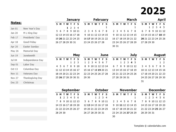 2025 Year Calendar Template With US Holidays Free Printable Templates