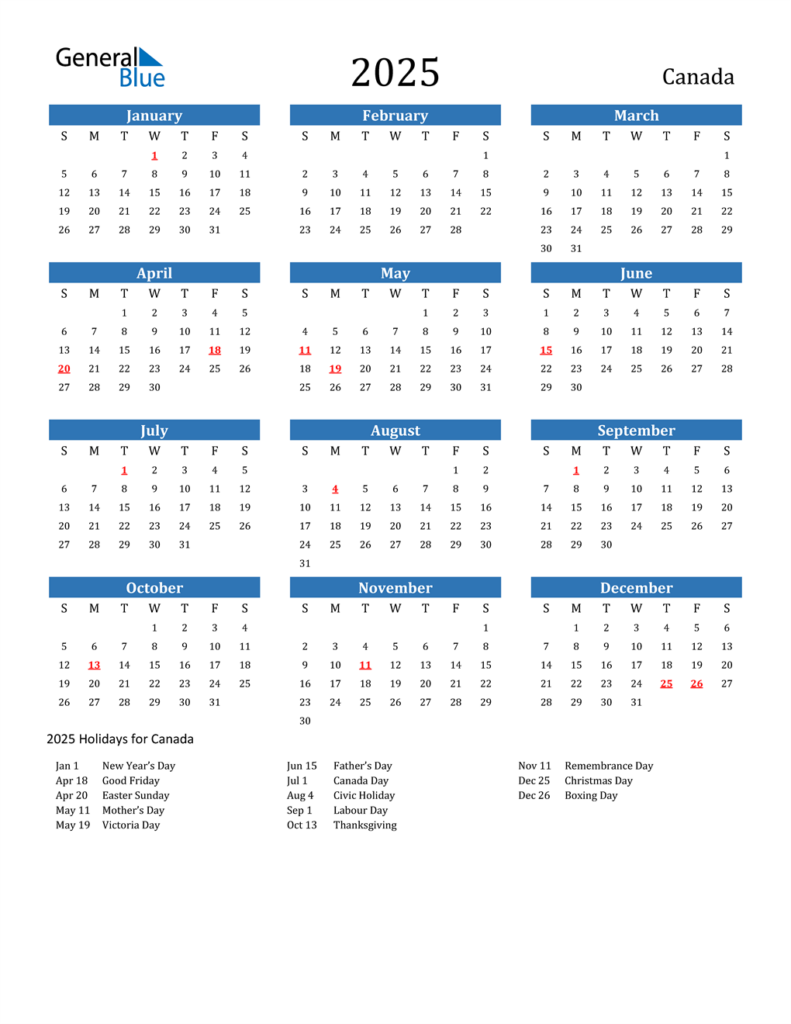 2025 Yearly Calendar Canada With Holidays Ines Abagail