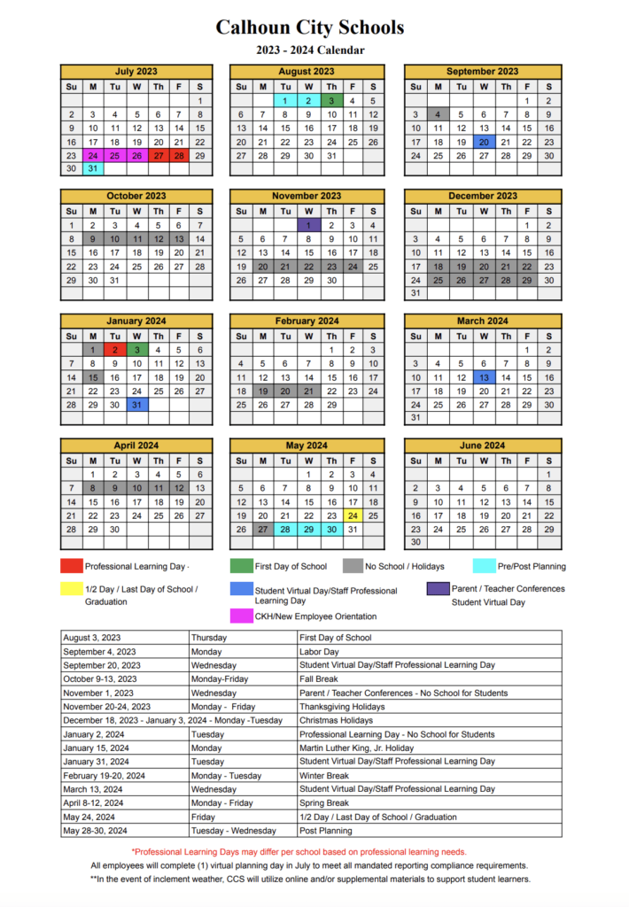 Calhoun City Schools Calendar 2024 2025 Georgia 