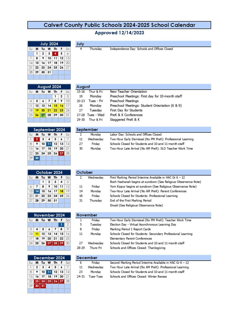 Calvert County Public Schools Calendar 2024 2025 In PDF