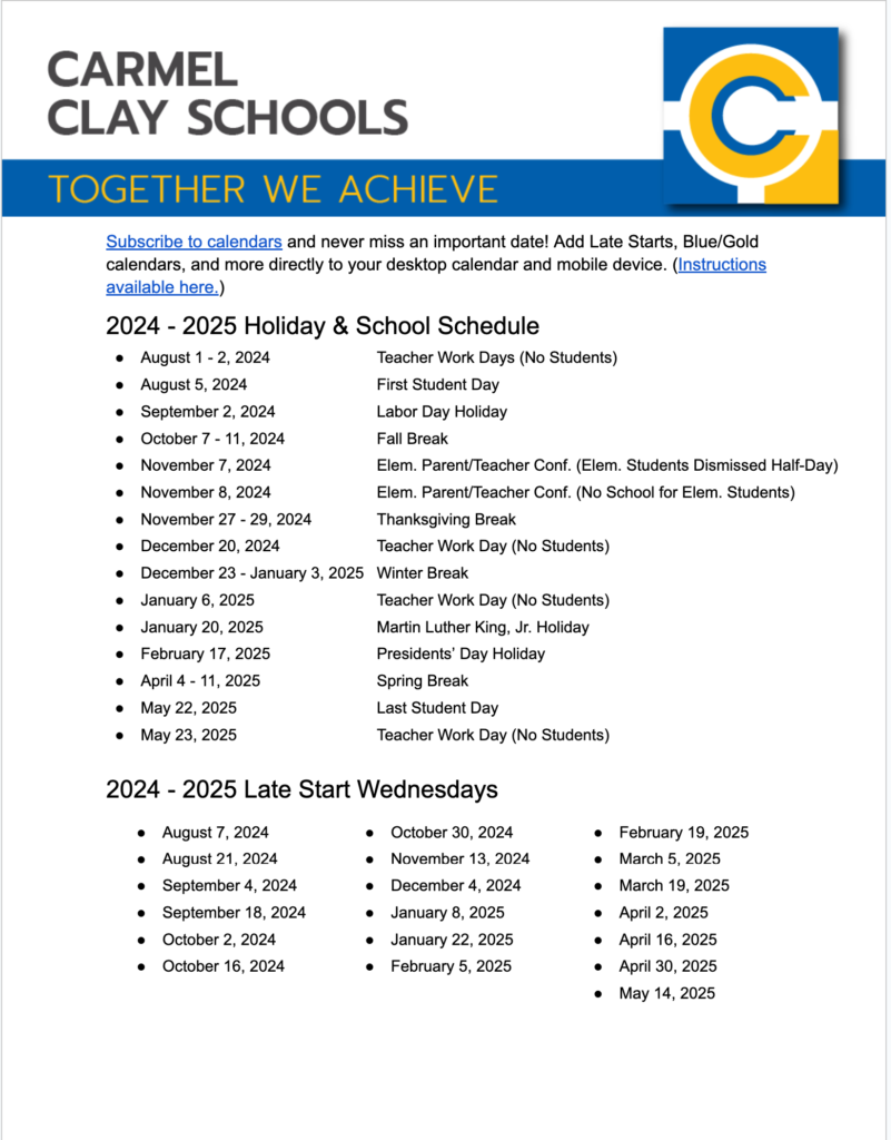 Carmel Clay Schools Calendar 2024 2025 In PDF