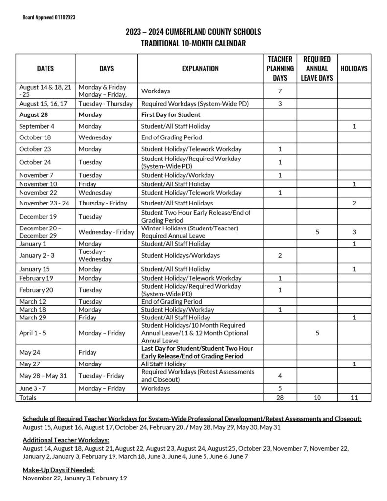 Cumberland County Schools Calendar Holidays 2024 2025