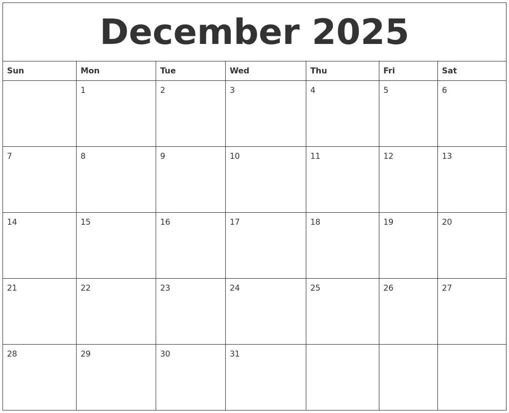 December 2025 Calendar Calendrier 2025 2026 Gratuit