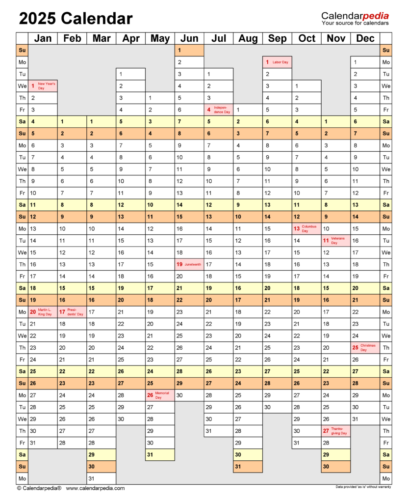 2025 Calendar Matrix With Number Of Days Per Month Excel Calendars 2025