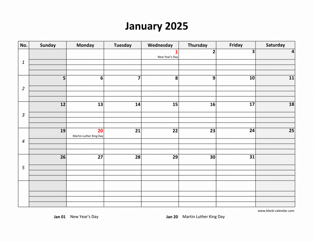 Free Download Printable Calendar 2025 Large Box Grid Space For Notes