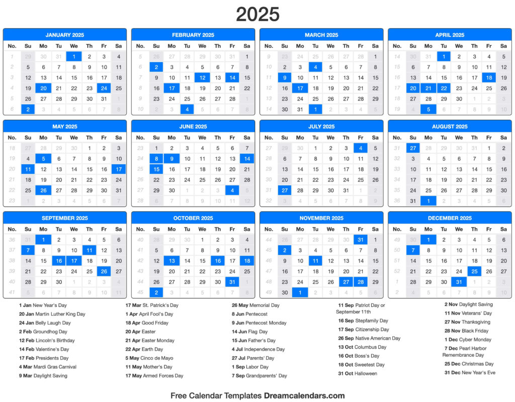 Free Printable 2025 Calendar With Holidays