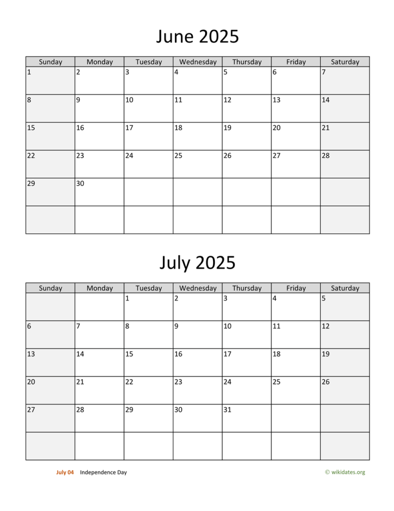 June And July 2025 Calendar WikiDates