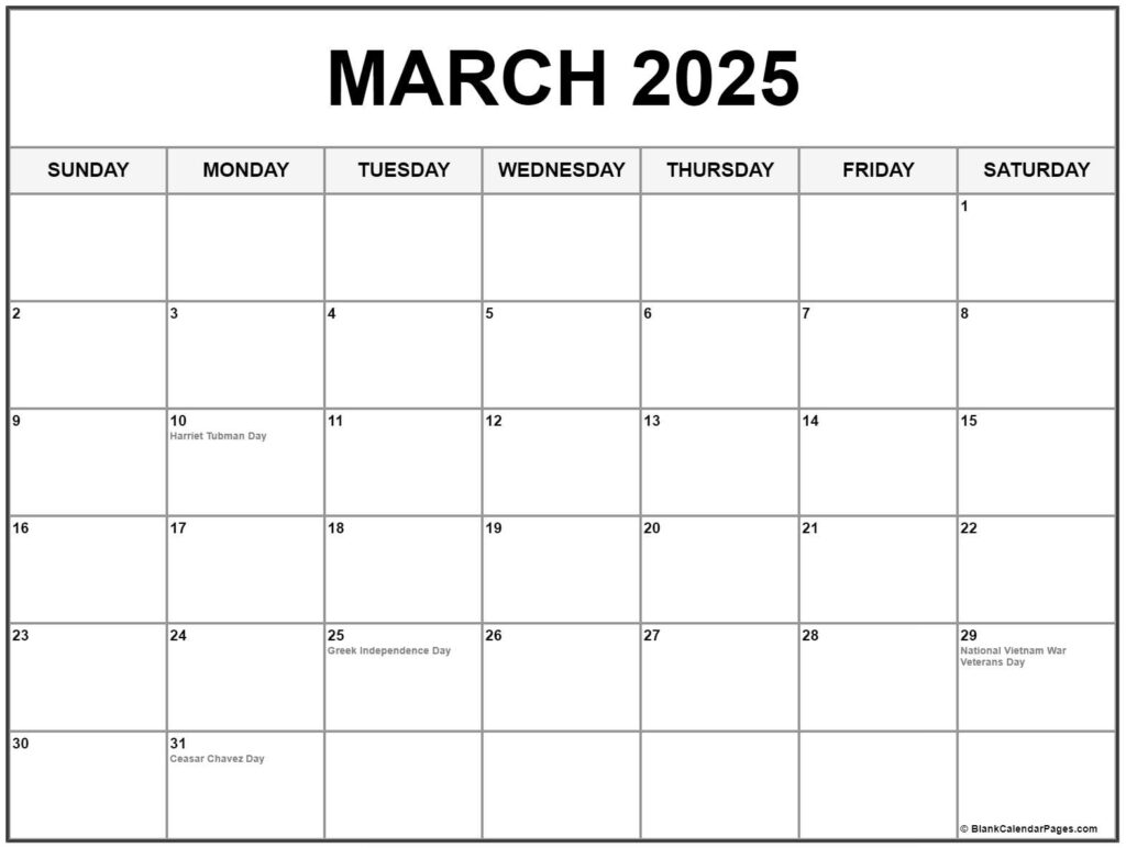 March 2025 With Holidays Calendar