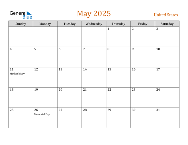 May 2025 Calendar With United States Holidays