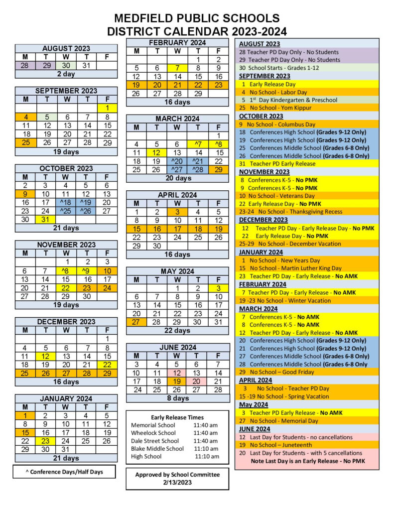 Medfield Public Schools Calendar 2023 2024 In PDF