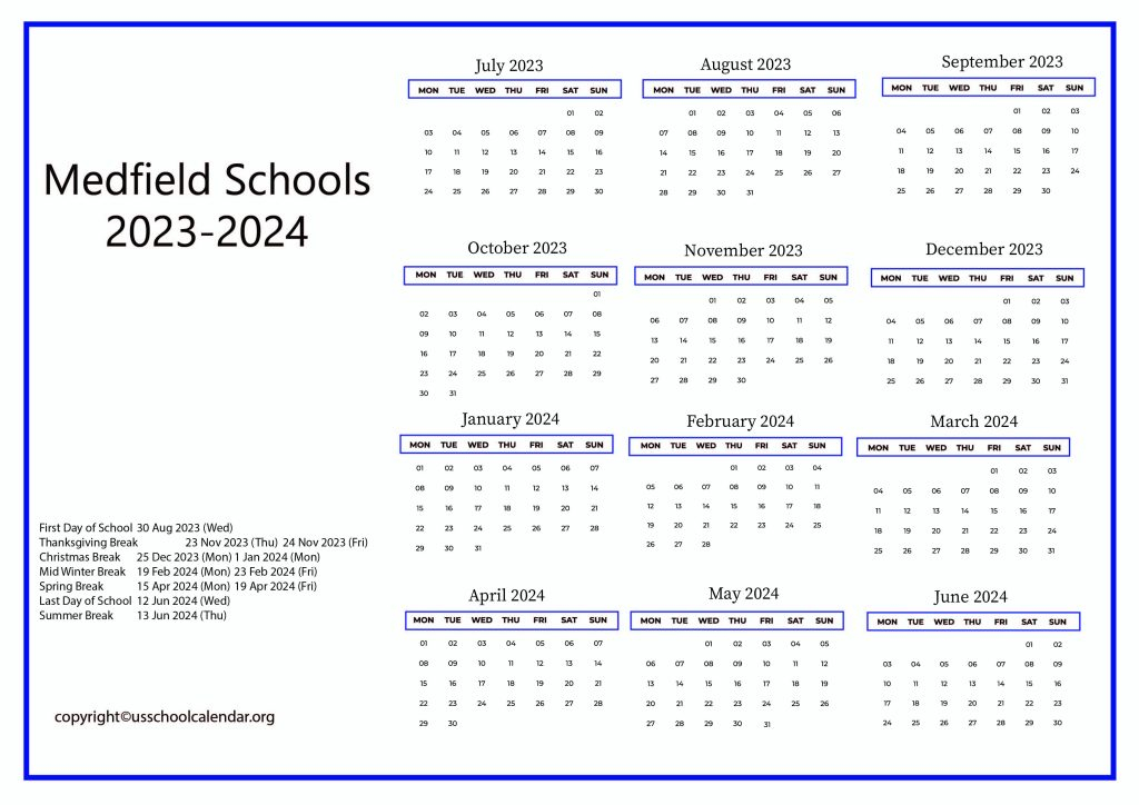 Medfield Schools Calendar With Holidays 2023 2024