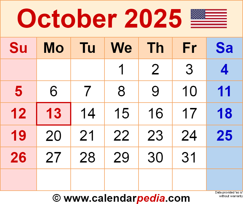 October 2025 Calendar Free Printable With 1600 Words Excel Calendar 