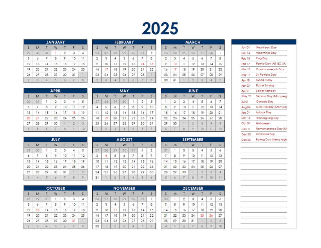 Printable Calendar 2025 Canadian Holidays And Observances Calendrier 