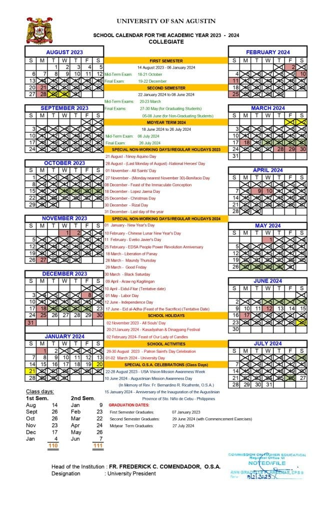 SCHOOL CALENDAR AY 2023 2024 UNIVERSITY OF SAN AGUSTIN