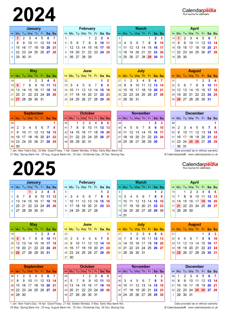 Two Year Calendars For 2024 And 2025 UK For Microsoft Excel