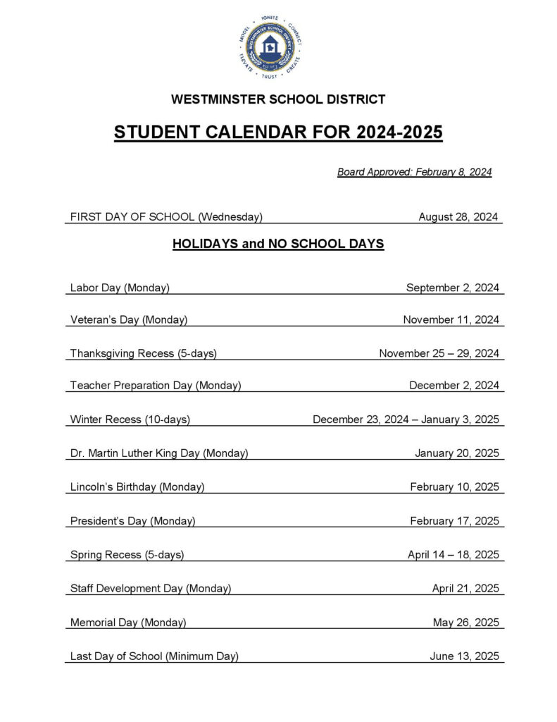 Westminster School District Calendar 2024 2025 In PDF